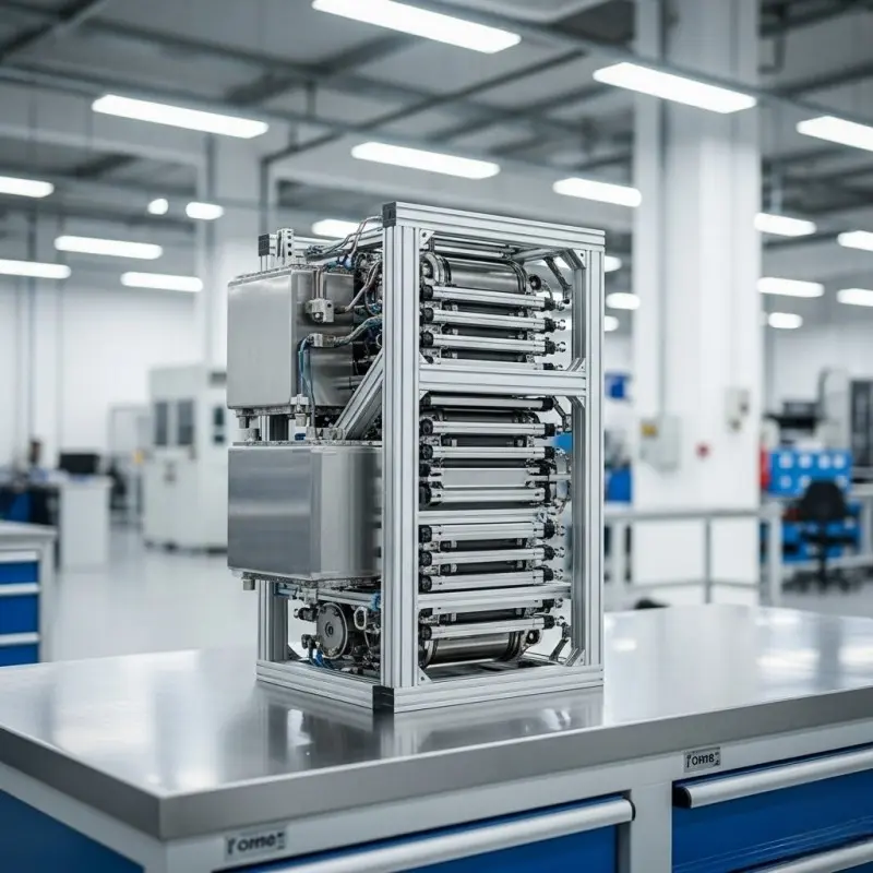 A finished PEM water electrolyzer stack being inspected in a clean, modern manufacturing facility, showcasing professional OEM hydrogen electrolyzer services.