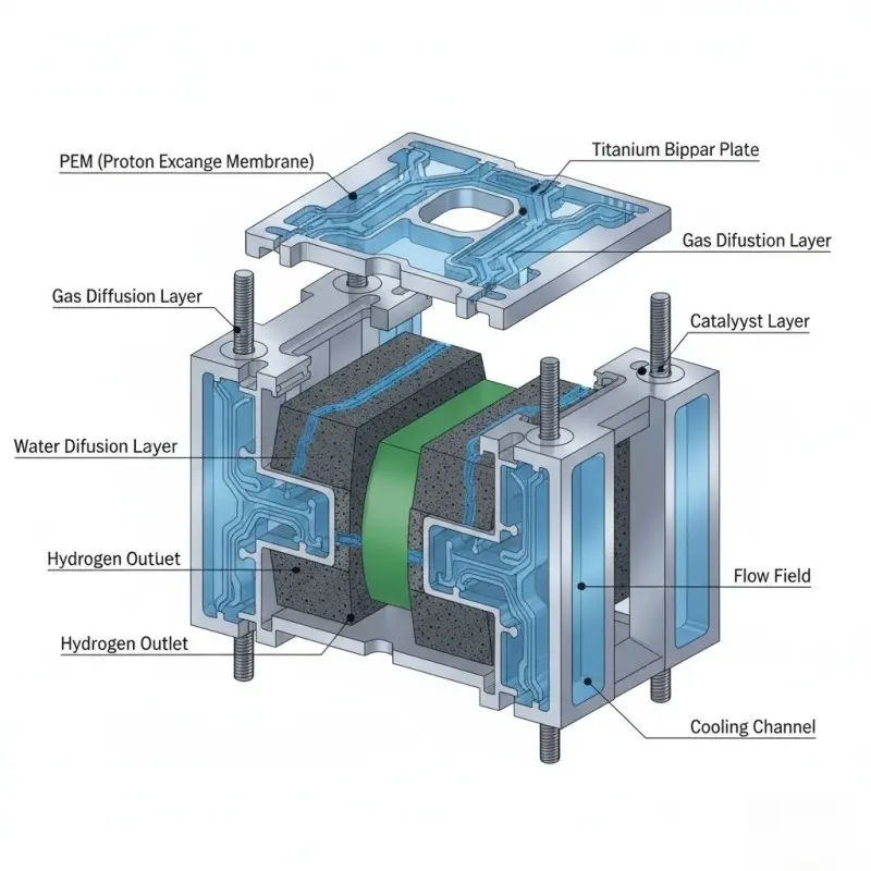 PEM water electrolyzer stack cross-section diagram showing titanium bipolar plates and MEA for OEM manufacturing.