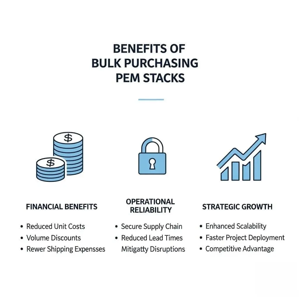An infographic illustrating the key benefits of buying PEM stacks in bulk, with icons for cost savings, supply chain reliability, and strategic advantage.