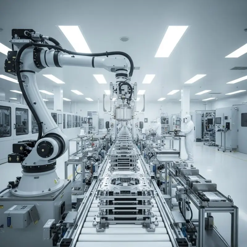 Scalable mass production line for PEM water electrolyzers showing high-volume OEM capability.