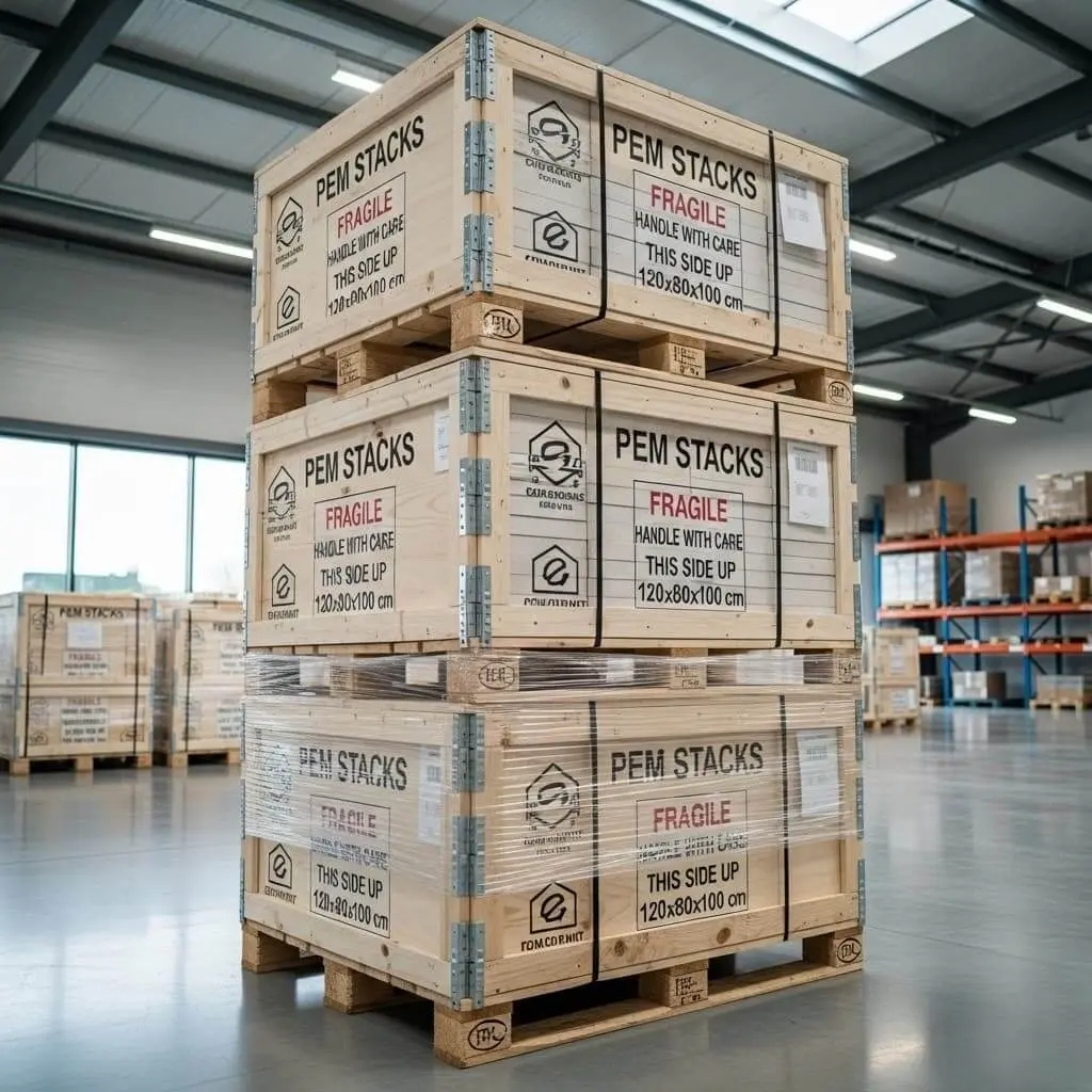 A pallet of PEM stacks securely packed in custom, shock-proof wooden crates, clearly labeled for international export and ready for sea freight.