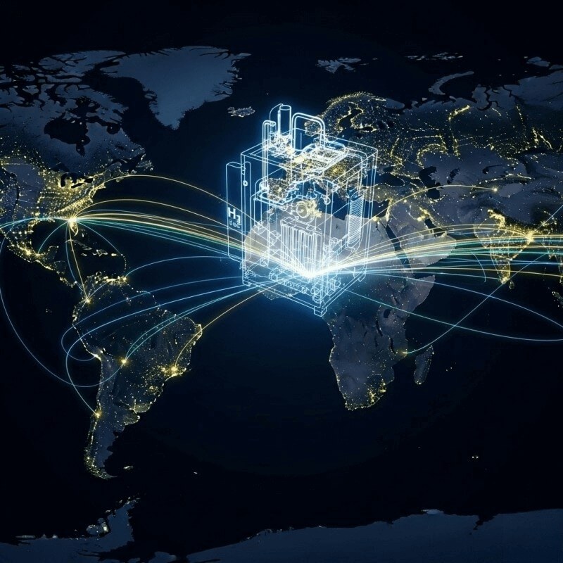 A world map illustrating the global supply chain of a wholesale hydrogen generator supplier, symbolizing a reliable B2B partnership for green hydrogen solutions.