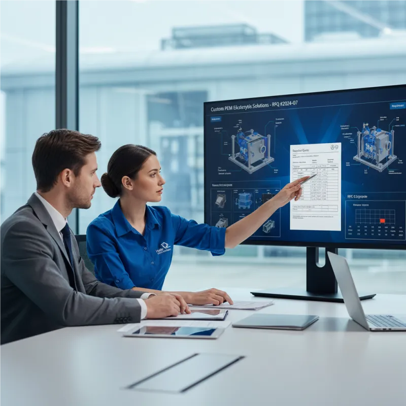 Two engineers reviewing technical specification schematics for a Custom PEM Electrolysis Solutions quote and PEM electrolyzer design capabilities.