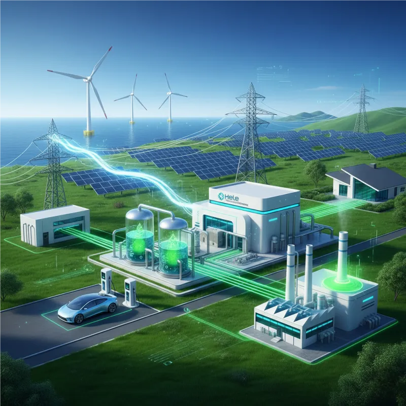 Conceptual image of the entire green hydrogen production ecosystem, from renewable energy sources to PEM electrolyzers, powering diverse applications.
