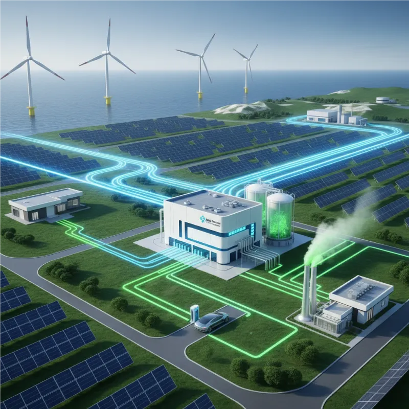 Conceptual image of the entire green hydrogen production ecosystem, from renewable energy sources to PEM electrolyzers, powering diverse applications.