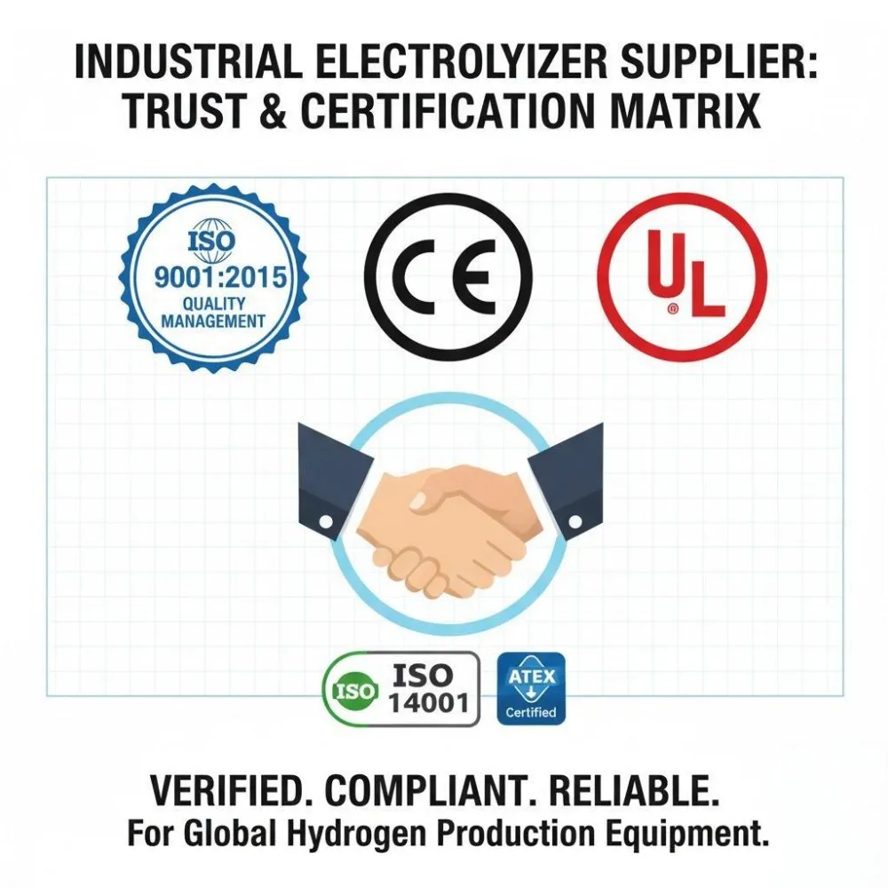 Illustration of key global certifications (ISO 9001, CE Mark, UL) symbolizing B2B trust and E-E-A-T in hydrogen electrolyzer suppliers.