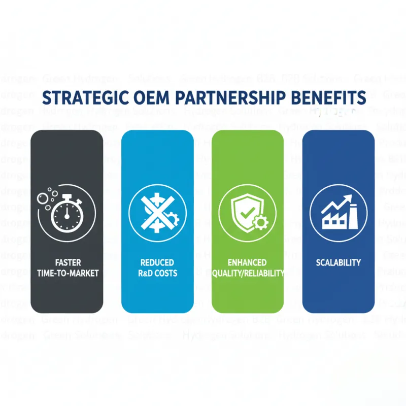 Infographic detailing key benefits of OEM partnerships for PEM electrolyzers: faster market entry, reduced costs, and scalable production for B2B hydrogen solutions.