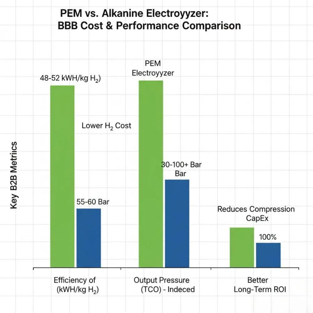 Data chart comparing PEM vs. Alkaline electrolyzers on key B2B metrics: Efficiency, Output Pressure, and Total Cost of Ownership (TCO).