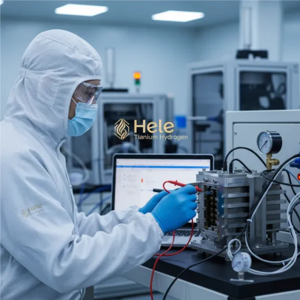 Technician performing rigorous quality control and testing on a PEM electrolyzer component, ensuring high performance and reliability for B2B manufacturing partners.