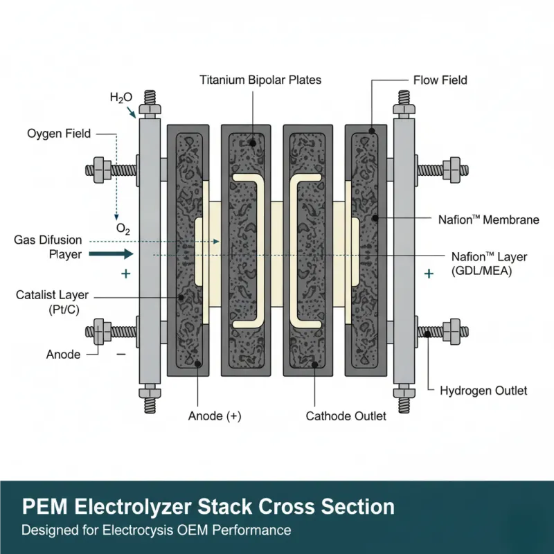 Diagram of PEM Electrolyzer Stack Cross Section detailing Titanium Bipolar Plates and MEA for electrolysis OEM performance.