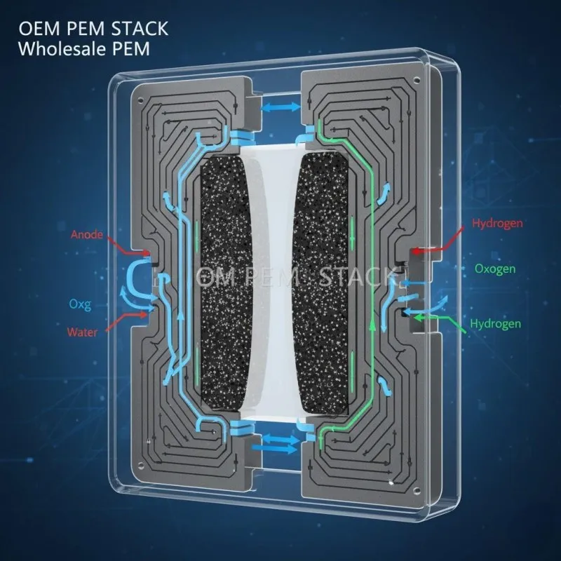 Detailed cutaway view of a wholesale PEM stack showing membrane, electrodes, and bipolar plates from an OEM PEM electrolyzer manufacturer.