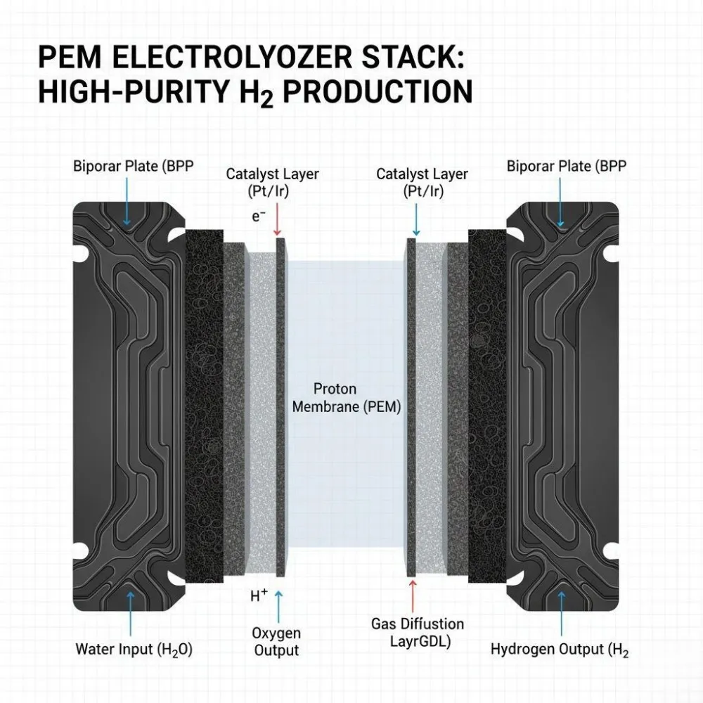 Technical diagram illustrating a PEM electrolyzer stack's proton exchange membrane (MEA) for high-purity hydrogen production.