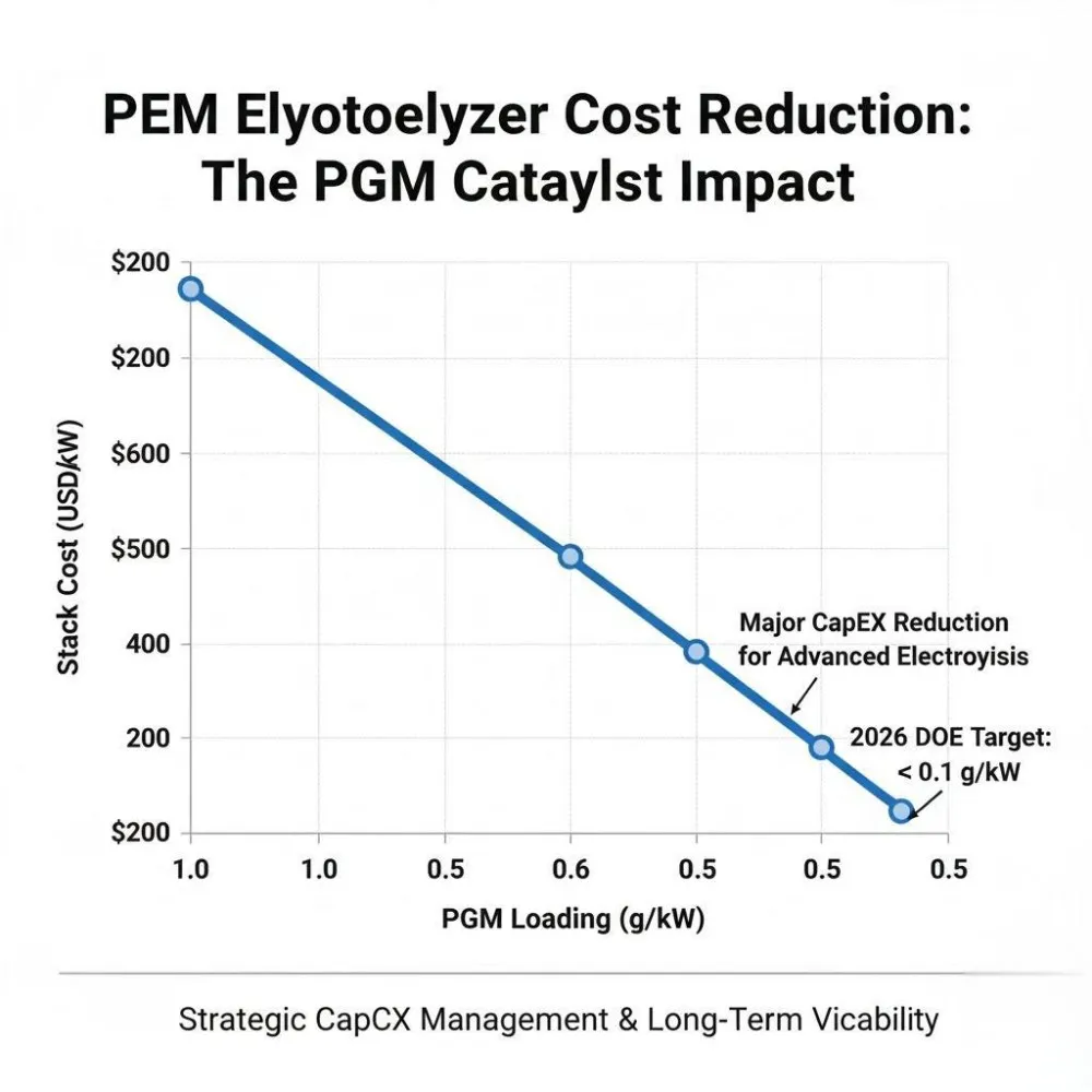Line graph showing the projected CapEx reduction trend for PEM electrolyzer stacks achieved by reducing Iridium and Platinum Group Metal (PGM) catalyst loading.
