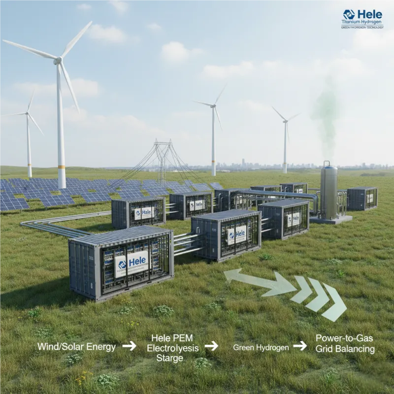 Concept image showing a wind farm connected to a Scalable PEM Stack facility for Power-to-Gas storage.
