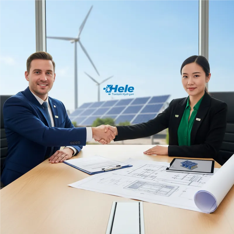 Two business executives shaking hands, symbolizing a successful OEM partnership agreement for PEM electrolyzers in the green hydrogen sector.